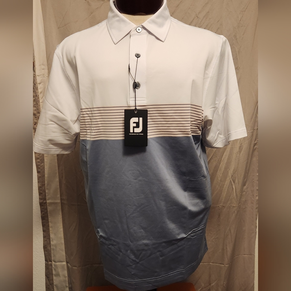 Men's White, Grey, and Pink Color Block FootJoy Polo